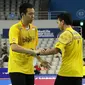 Ganda putra Indonesia Hendra Setiawan/Mohammad Ahsan gagal meraih tiket semifinal Korea Open Super Series 2015, Jumat (18/9/2015). (Liputan6.com/Humas PP PBSI)