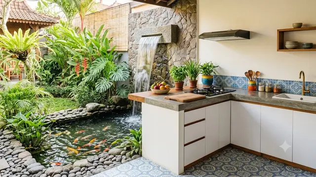Desain Dapur Semi Outdoor dengan Kolam Ikan Mini