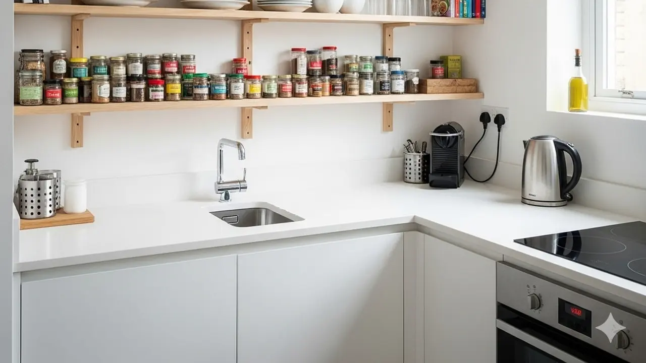 Desain Dapur Kecil Minimalis dengan Rak Terbuka (Image by Gemini AI)
