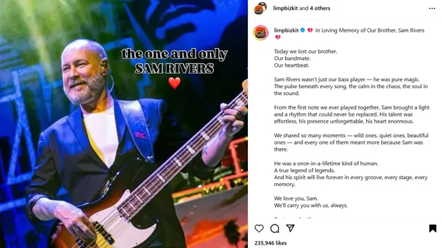 Unggahan Limp Bizkit mengenai mendiang Sam Rivers. (Instagram/  limpbizkit)