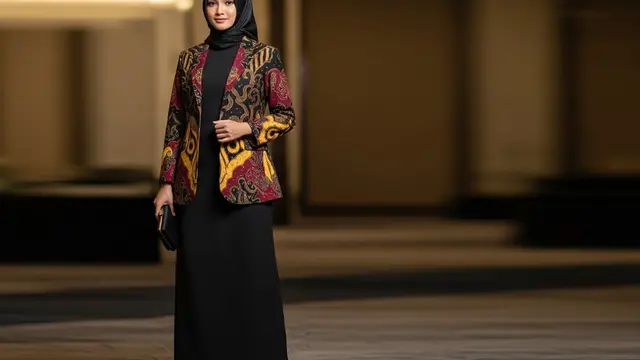 Gamis Polos Simpel Dipadukan Blazer Batik Etnik Kekinian