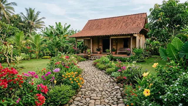 Rumah Kampung dengan Jalan Setapak dan Taman Bunga