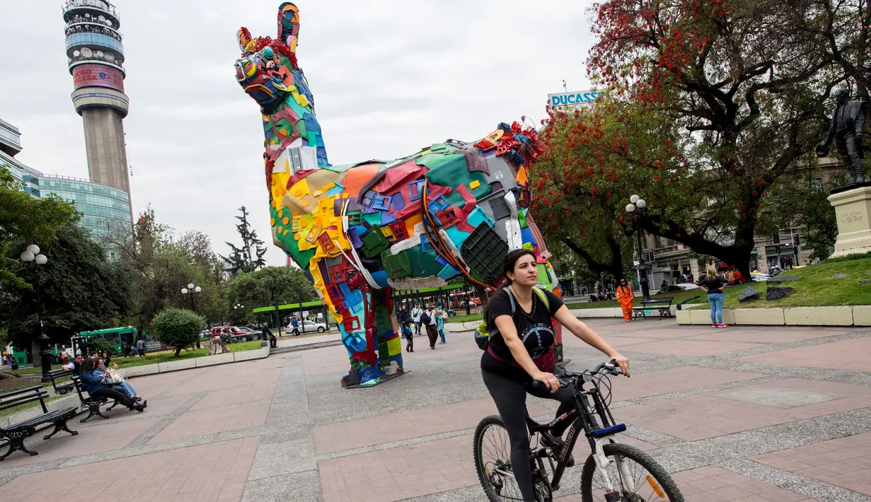 Pesepeda melintas dekat llama raksasa, bagian dari seni instalasi "Hecho en Casa" di kota Santiago, Chile, Senin (29/10). llama setinggi delapan meter itu dibuat oleh para sneiman dari sekolah Embroidery 2 asal Portugal. (Martin BERNETTI/AFP)