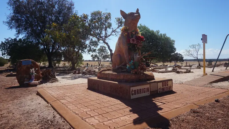 Patung anjing tersenyum menandai gerbang pemakaman Corrigin Dog Cemetery yang terkenal di Australia Barat (Liputan6.com/Happy Ferdian)