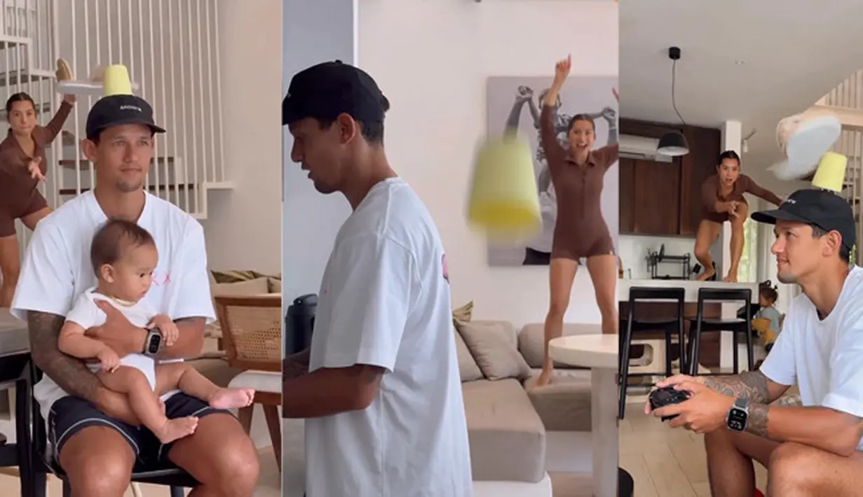Tantangan melempar gelas di atas kepala Irfan Bachdim. Jenifer tampak bersiap melempar sendal ke arah gelas di atas kepala sang suami. Jennifer begitu bahagia bisa tepat melempar gelas dengan berbagai gaya. [Instagram/jenniferbachdim]