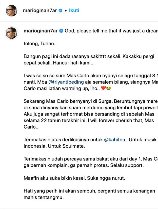 Cuitan Mario Ginanjar soal Carlo Saba meninggal dunia. (Foto: Dok. Instagram @marioginan7ar)