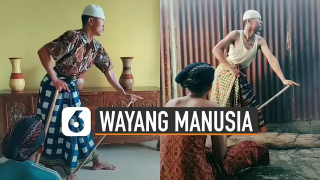 Wayang kulit biasa identik dengan wayang yang terbuat dari kulit. Tetapi pria ini menirukan gaya wayang kulit yang digerakkan oleh dalang.