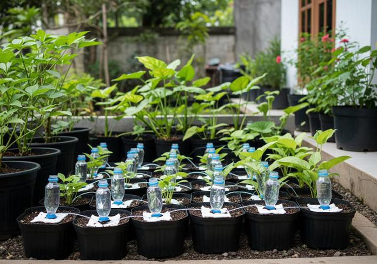 Kombinasi Botol Bekas dan Wicking System/Ide Kebun di Halaman dengan Pengairan Otomatis dari Botol Bekas (Sumber: gemini.com)