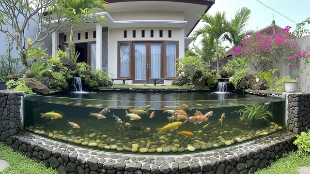 Model Kolam Ikan Kaca Minimalis Kombinasi Batu Alam di Depan Rumah