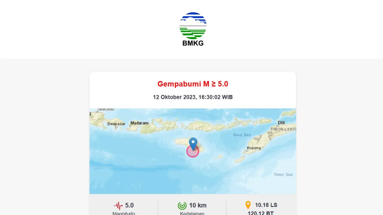 Gempa terkini menggetarkan pukul 16:30:02 WIB, pada hari ini, Kamis (12/10/2023) di wilayah Karera, Kabupaten Sumba Timur, Nusa Tenggara Timur (NTT).