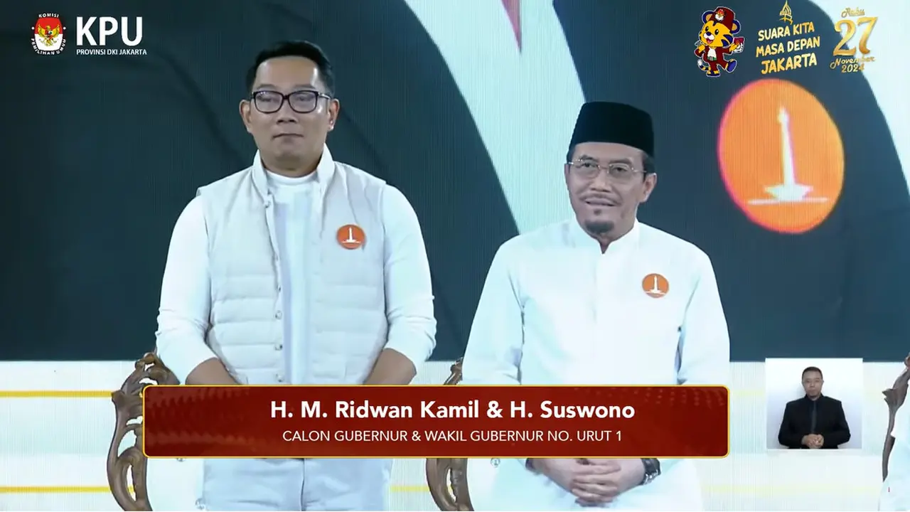 Ridwan Kamil-Suswono dalam debat perdana Pilkada Jakarta 2024, Minggu (6/10/2024) di JIExpo Kemayoran, Jakarta Pusat.