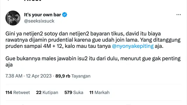 Cuitan Jonathan Latumahina soal biaya pengobatan David Ozora. (Foto: Dok. Twitter @seeksixsuck)
