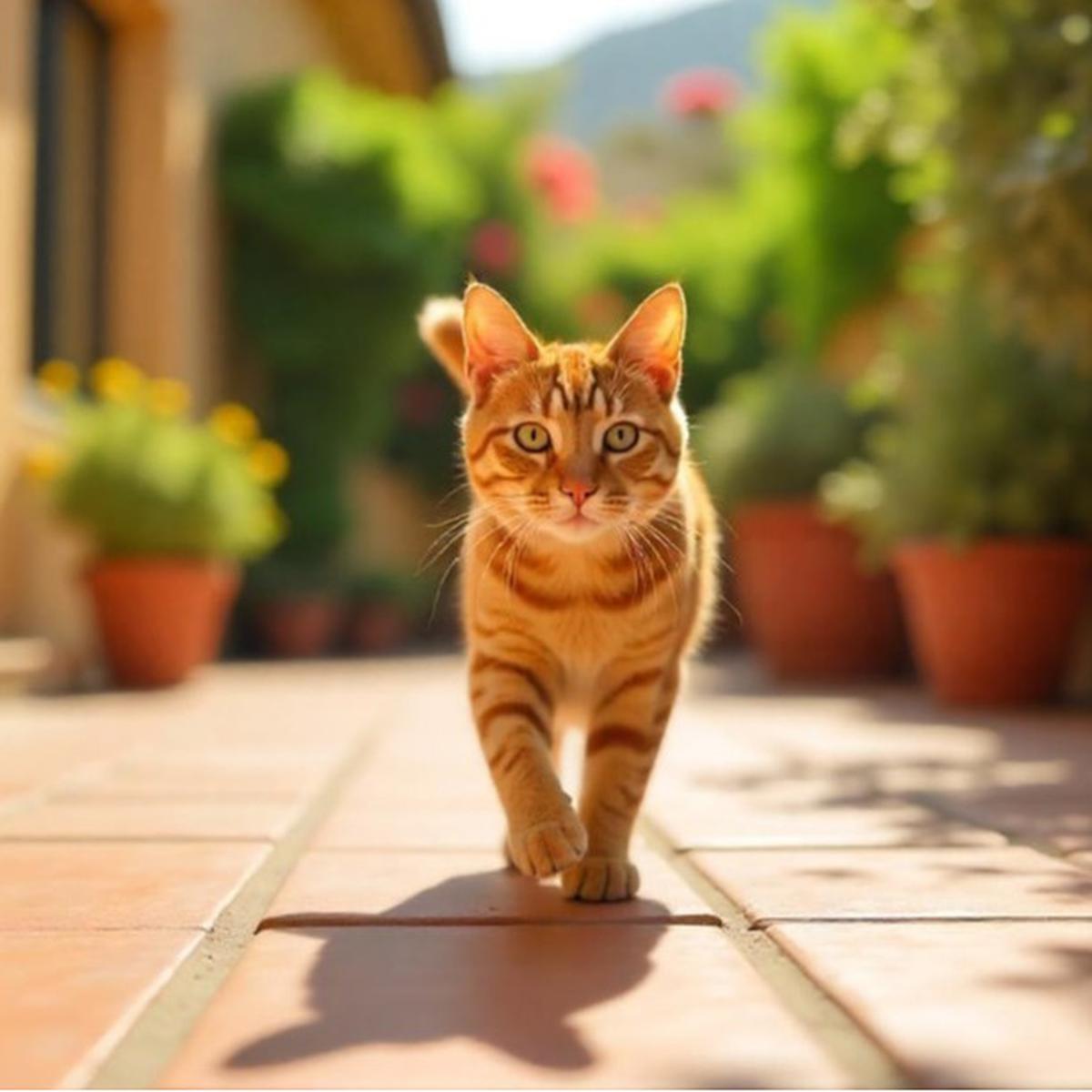 Ilustrasi kucing berjalan di teras rumah