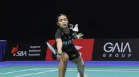 Tunggal putri Indonesia, Gregoria Mariska Tunjung, tampil pada babak pertama Singapore Open 2024 di Singapore Indoor Stadium, Selasa (28/5/2024). (Bola.com/PBSI)