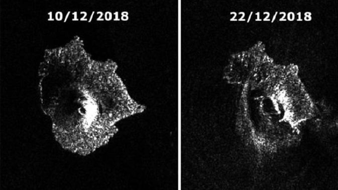 Sentinel-1 membantu tim menghitung berapa banyak lereng barat yang hilang. Bandingkan gambar 