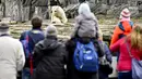 Pengunjung menyaksikan bayi beruang kutub dan ibunya yang bernama Tonja saat dipamerkan di Kebun Binatang Tierpark, Berlin, Jerman, Jumat (15/3). Bayi beruang kutub tersebut lahir pada 1 Desember 2018. (John MACDOUGALL/AFP)