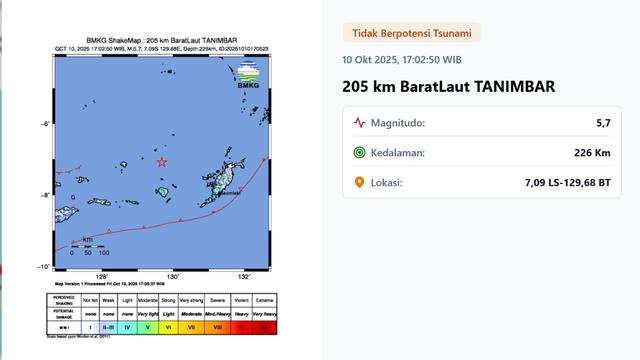 Gempa jelang akhir pekan, Jumat (10/10/2025) pukul 17:02:50 WIB menggetarkan wilayah Tanimbar, Provinsi Maluku.