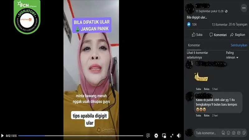 Gambar Tangkapan Layar Informasi Palsu Bawang Merah Misa Mengobati Luka Gigitan Ular Kobra (sumber: Facebook).