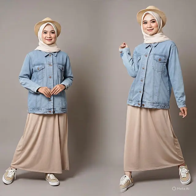 Jaket Denim Oversized dengan Dress Panjang