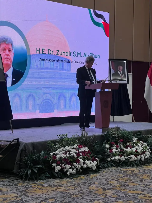 Duta Besar Palestina untuk Indonesia Zuhair Al-Shun dalam peringatan 77 tahun Al-Nakba di Hotel Borobudur, Kamis (22/5/2025). (Liputan6.com/Tanti Yulianingsih)