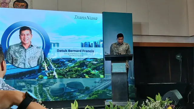 Datuk Bernard Francis, Group CEO TransNusa, saat sambutan pada acara Signing Ceremony  Memorandum of Understanding, Jakarta, (21/7/2026). (Liputan6.com/Nurri Indah)