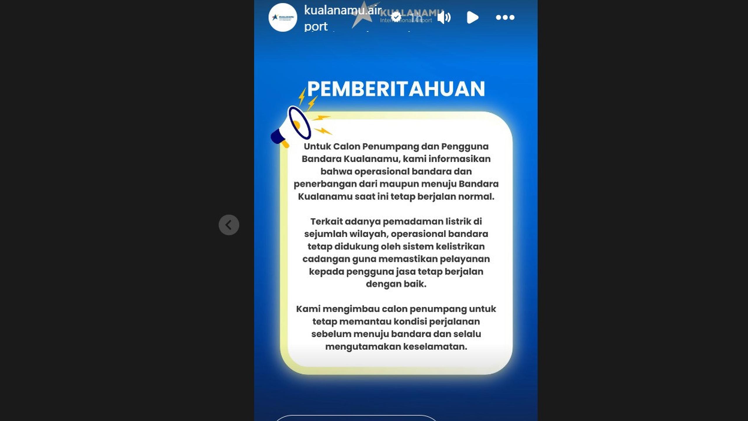 Sumatra Blackout, Bandara Kualanamu Pastikan Operasional Tetap Normal