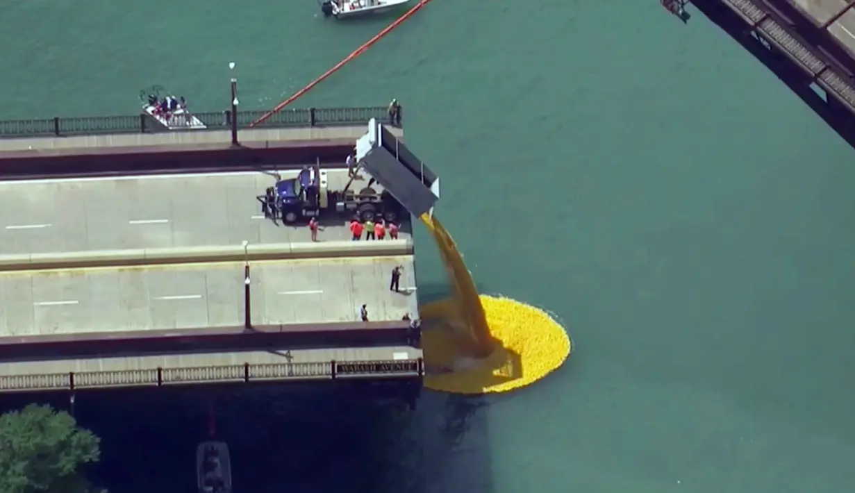 Ribuan bebek karet dilemparkan ke sungai Chicago, pusat kota Chicago, Kamis (9/8). Lebih dari 50.000 bebek karet dilombakan di Sungai Chicago sebagai bagian dari acara amal Windy City Rubber Ducky Derby. (WBBM-TV via AP)