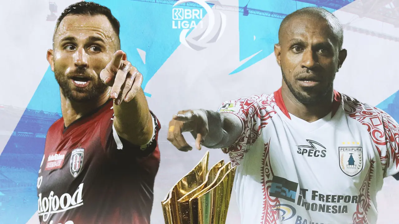 BRI Liga 1 -  Ilustrasi Ilija Spasojevic dan Boaz Solossa dengan trofi juara Liga 1