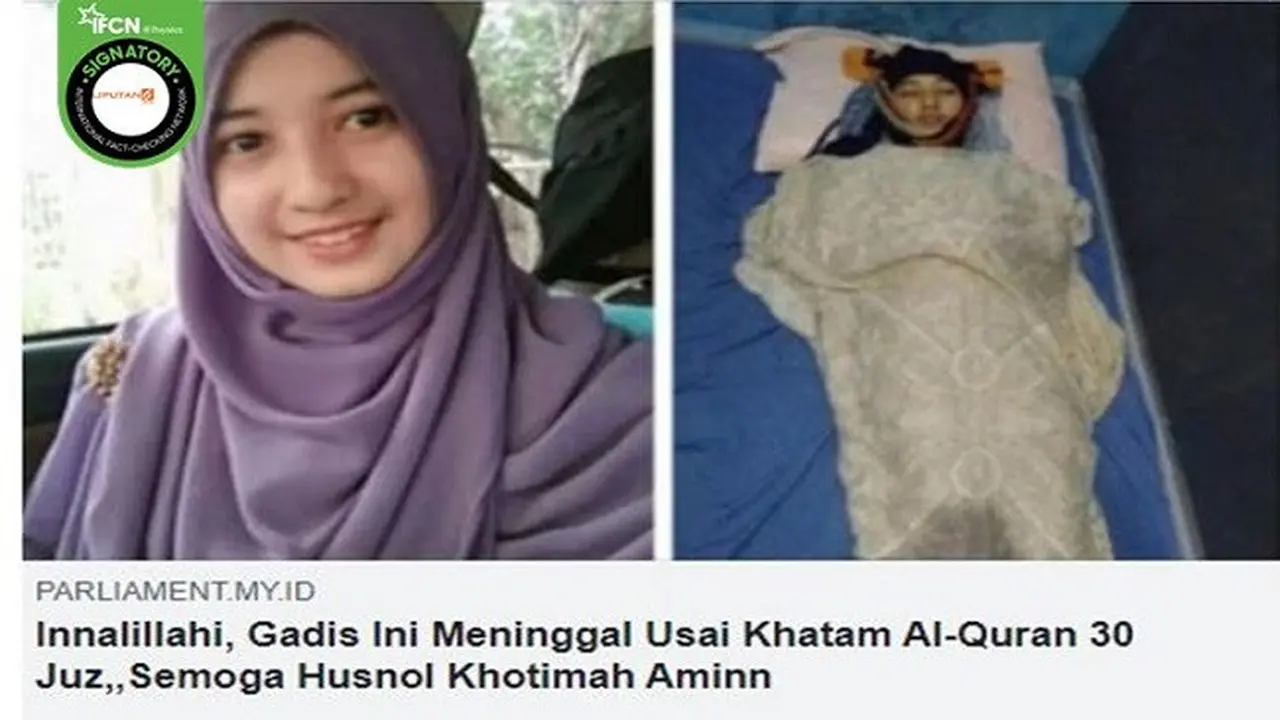 Gambar Tangkapan Layar Foto yang Diklaim Seorang Gadis Meninggal Dunia Usai Khatam Alquran (sumber: Facebook).