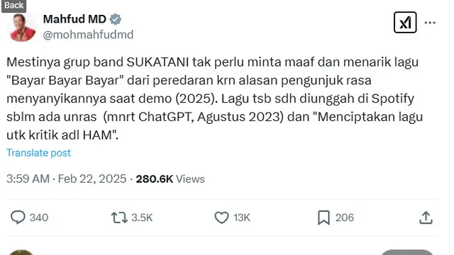 Mahfud MD Sebut Seharusnya Sukatani Tak Perlu Minta Maaf