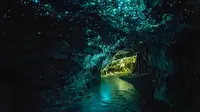 Gua Waitomo di Selandia Baru dapat mengeluarkan cahaya kerlap-kerlip yang cantik dan indah. Cahaya ini berasal dari cacing bercahaya. (Foto: Amusing Planet)