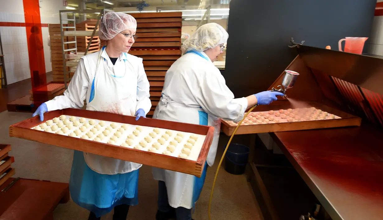 Pekerja memberi warna pada kue yang terbuat dari marzipan segar di tempat pembuatan tradisional JG Niederegger GmbH di Luebeck, Jerman (5/12). Marzipan adalah adonan yang bahan utamanya terbuat dari cacahan kacang almond dan gula. (AFP Photo/Stollarz)