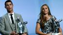 Pemain Real Madrid Cristiano Ronaldo bersama Lieke Martens memegang piala Pemain Terbaik UEFA 2016/17 di Grimaldi Forum, Monaco (24/8). Prestasi tersebut juga melewati torehan yang diraih Lionel Messi sebanyak dua kali. (AP Photo/Claude Paris)