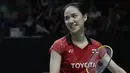 Tunggal putri Thailand, Jindapol Nitchaon, tersenyum saat melawan tunggal China pada Indonesia Masters 2019 di Istora Senayan, Jakarta, Kamis (24/1). Jindapol gagal lolos ke perempat final. (Bola.com/M. Iqbal Ichsan)