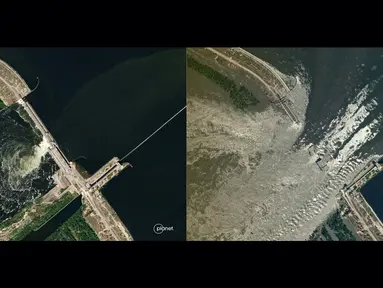 Kombinasi gambar selebaran SkySat oleh Planet Labs ini menunjukkan (kiri) gambar SkySat yang diambil pada 4 Juni 2023 yang dirilis pada 6 Juni 2023 menunjukkan bendungan HPP Kakhovka yang tidak rusak dan (kanan) gambar yang diambil pada 6 Juni 2023 memperlihatkan air yang mengalir melalui bendungan Kakhovka HPP yang rusak. (Handout / 2023 Planet Labs PBC / AFP)
