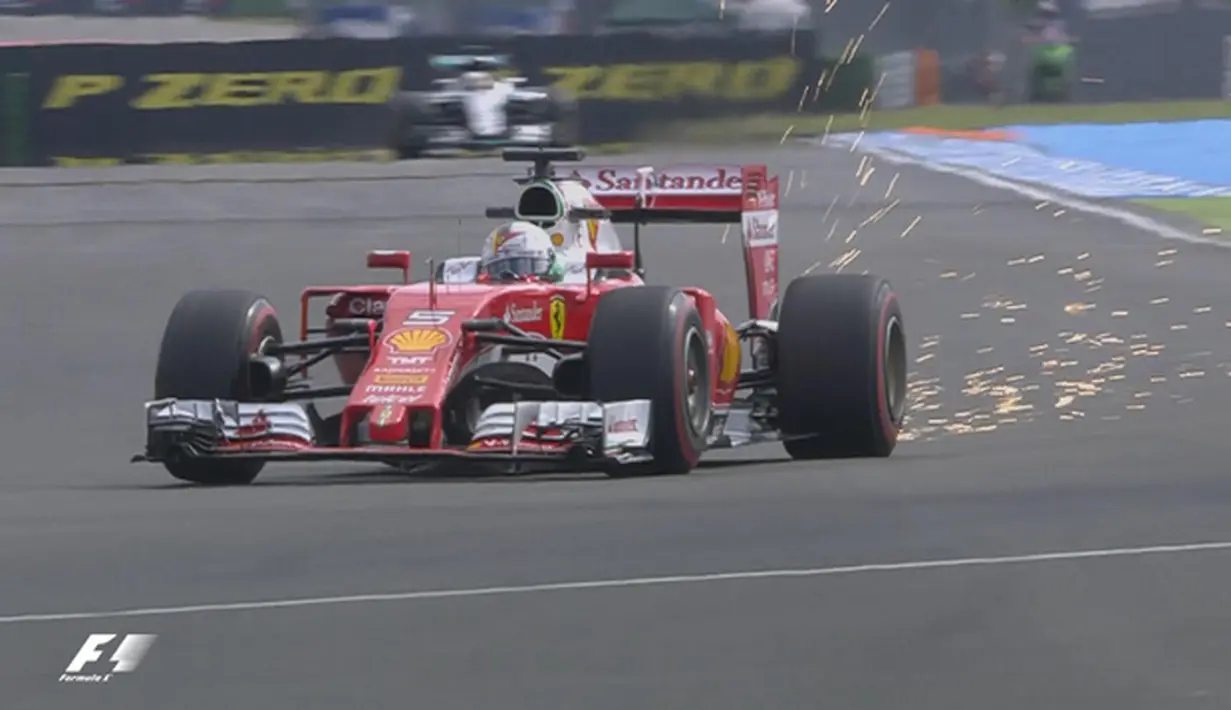 Aksi pebalap Ferrari, Sebastian Vettel, saat latihan bebas pertama F1 GP Jerman di Sirkuit Hockenheim, Jerman, (29/7/2016). (Bola.com/Twitter/F1)