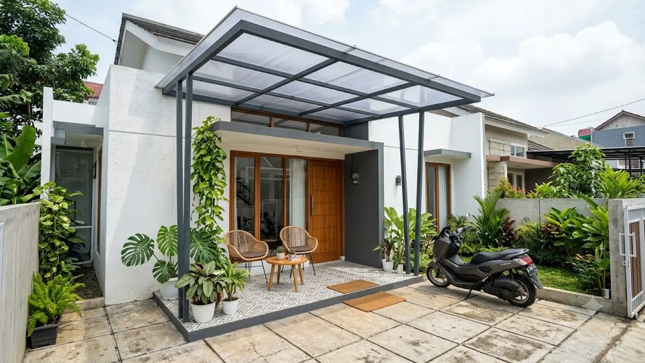 Desain Kanopi Teras Minimalis dengan Rangka Hollow dan Atap Transparan