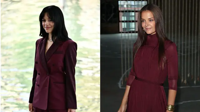 Jenna Ortega dan Katie Holmes dalam inspirasi fashion burgundy