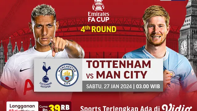 Link Siaran Langsung Piala FA: Tottenham Vs Manchester City di Vidio Malam Ini