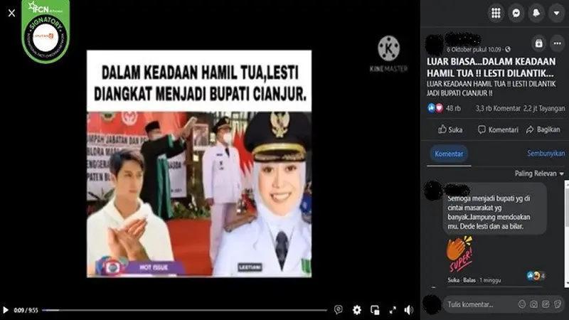 Gambar Tangkapan Layar Kabar Hoaks Lesti Kejora Dilantik Jadi Bupati Cianjur (sumber: Facebook).