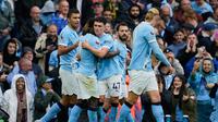 Selebrasi Phil Foden dkk. dalam laga Manchester City vs Manchester United di Premier League 2025/2026, Minggu (14/9/2025). (AP Photo/Dave Thompson)