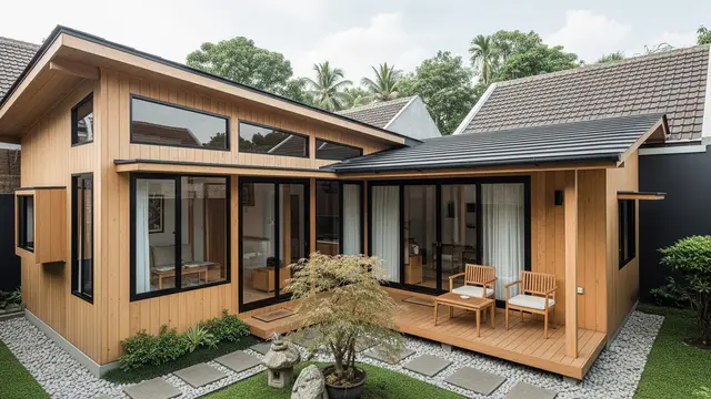 Model Rumah Kayu Atap Miring Bentuk L