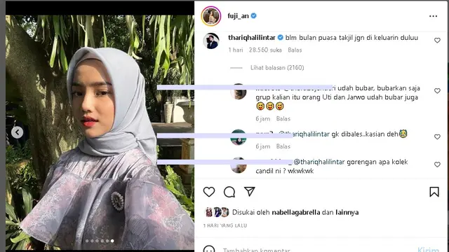 Potret Fuji berhijab mendapat komentar dari Thariq Halilintar (Foto: Instagram fuji_an)