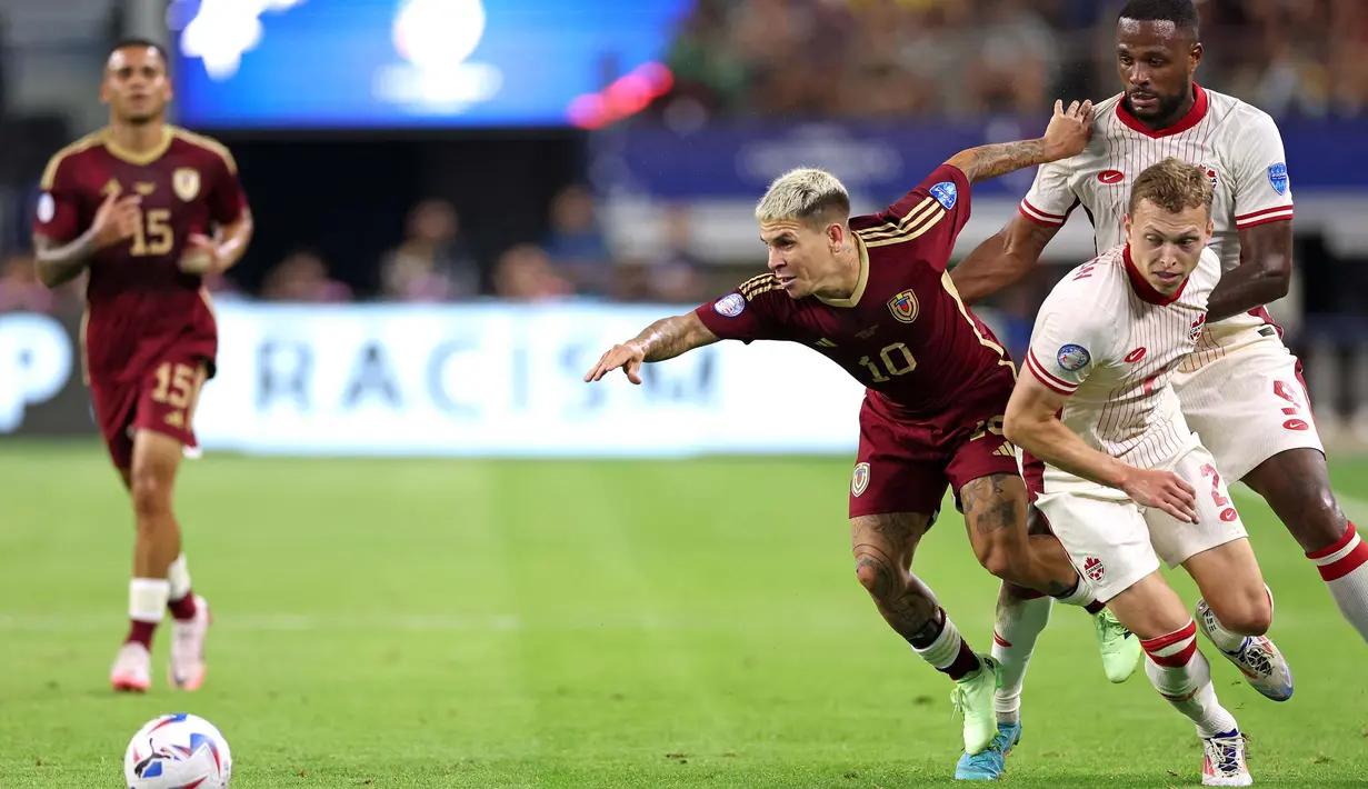 Kanada berhasil mengunci tiket berlaga di babak semifinal Copa America 2024. (CHARLY TRIBALLEAU/AFP)