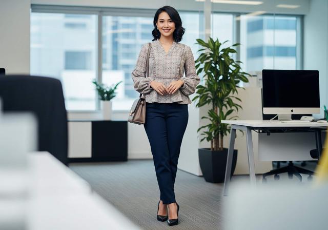 Blouse Ruffle atau Peplum dengan Celana Slim-Fit