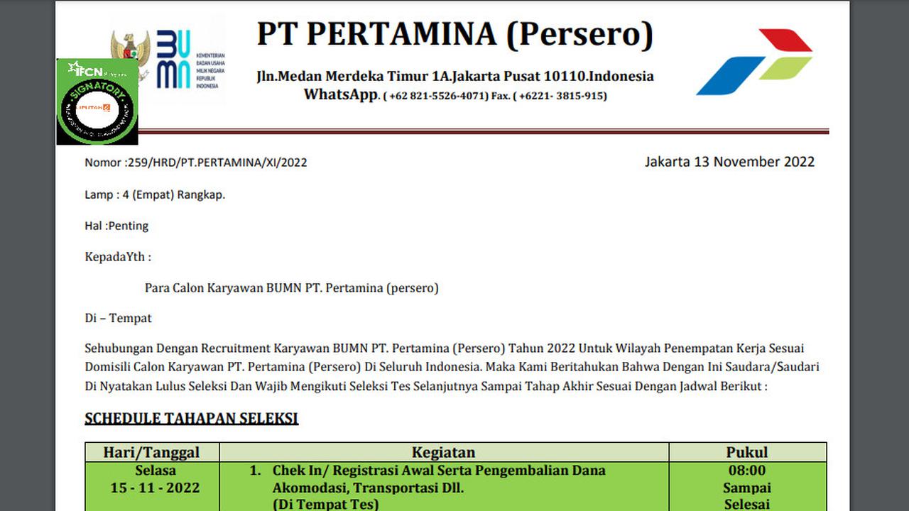 Tangkapan layarklaim surat pemanggilan seleksi calon karyawan Pertamina meminta biaya akomodasi