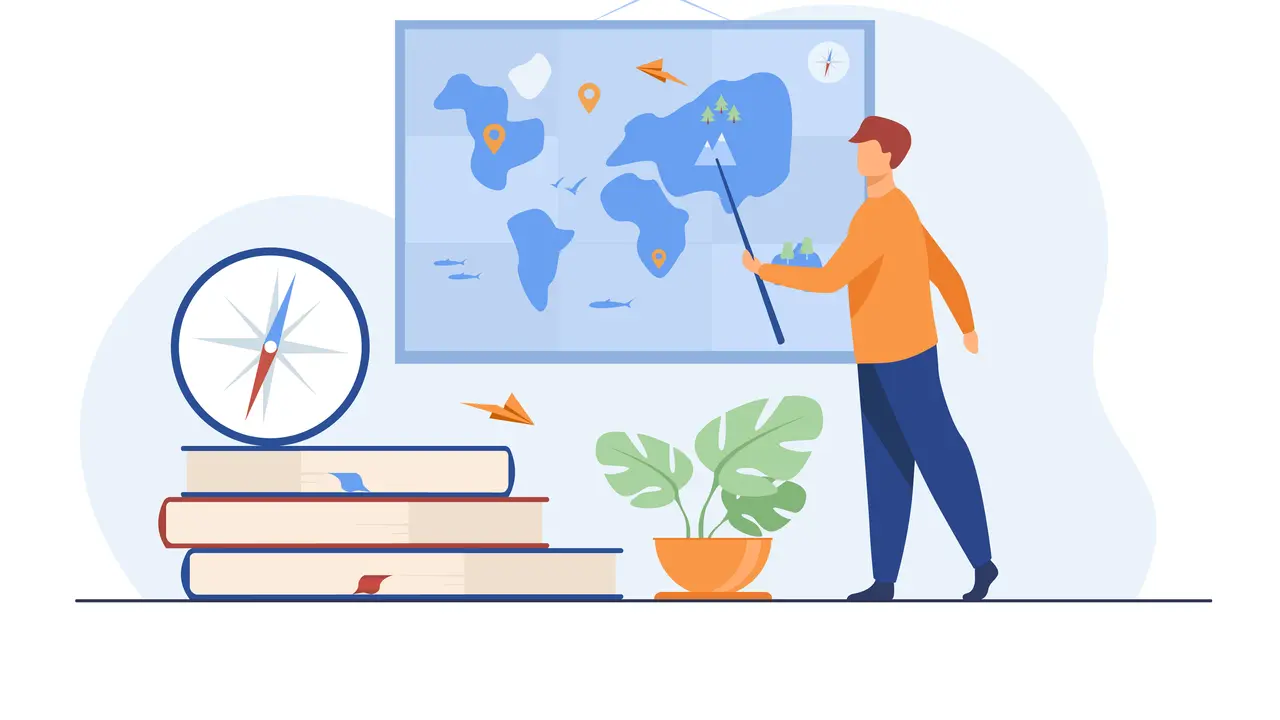 Ilustrasi geografi, peta, kompas