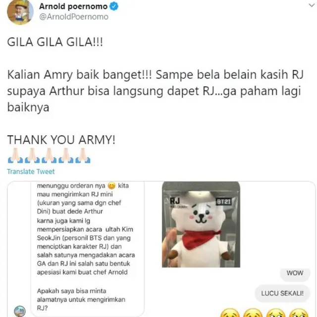 Girangnya Chef Arnold Dapat Kejutan dari Fans BTS