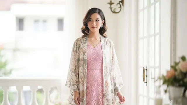 Long Dress Brokat Soft Pink dan Maxi Kimono Motif Floral