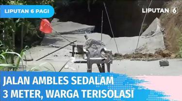 Jalan beton penghubung Desa Kampale, Sulawesi Selatan sepanjang 20 meter ambles sedalam 3 meter. Belum diketahui pasti penyebab amblesnya jalan ini. Sejumlah warga terisolasi lantaran tak ada jalan alternatif lain.